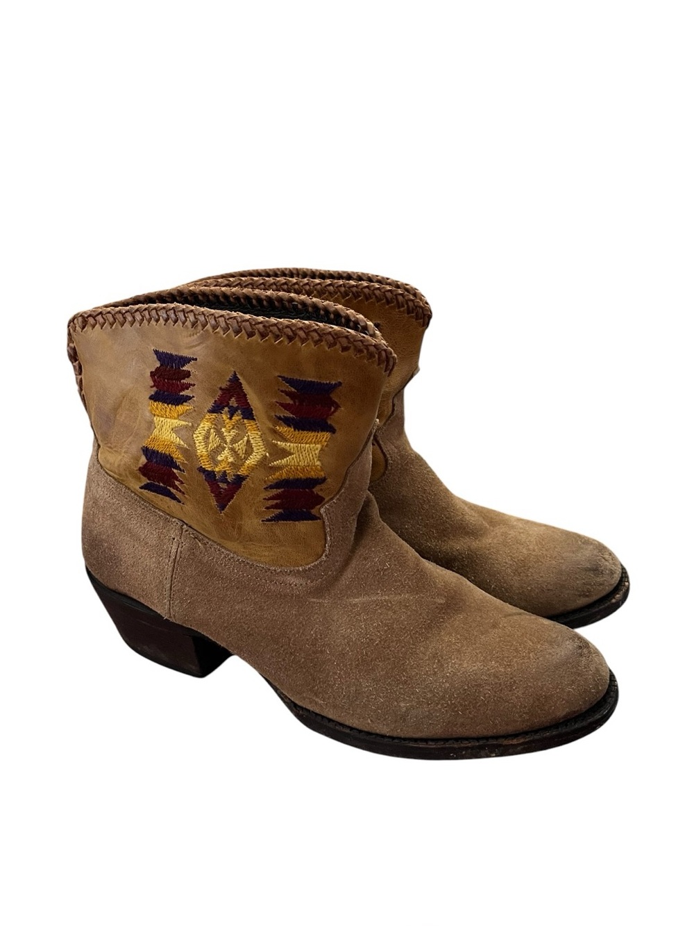 Vintage Caborca Suede Western Ankle Boots Embroidered Southwestern Leather 9
